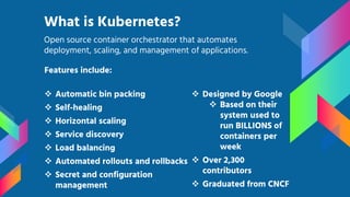 Features include:
 Automatic bin packing
 Self-healing
 Horizontal scaling
 Service discovery
 Load balancing
 Automated rollouts and rollbacks
 Secret and configuration
management
What is Kubernetes?
Open source container orchestrator that automates
deployment, scaling, and management of applications.
 Designed by Google
 Based on their
system used to
run BILLIONS of
containers per
week
 Over 2,300
contributors
 Graduated from CNCF
 