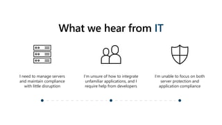 IT
I need to manage servers
and maintain compliance
with little disruption
I’m unsure of how to integrate
unfamiliar applications, and I
require help from developers
I’m unable to focus on both
server protection and
application compliance
 