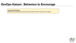 Learn Fast, Fail Early
Verification tests catch problems early. Tests accumulate to build the “business immune system.
DevOps Kaizen: Behaviors to Encourage
 