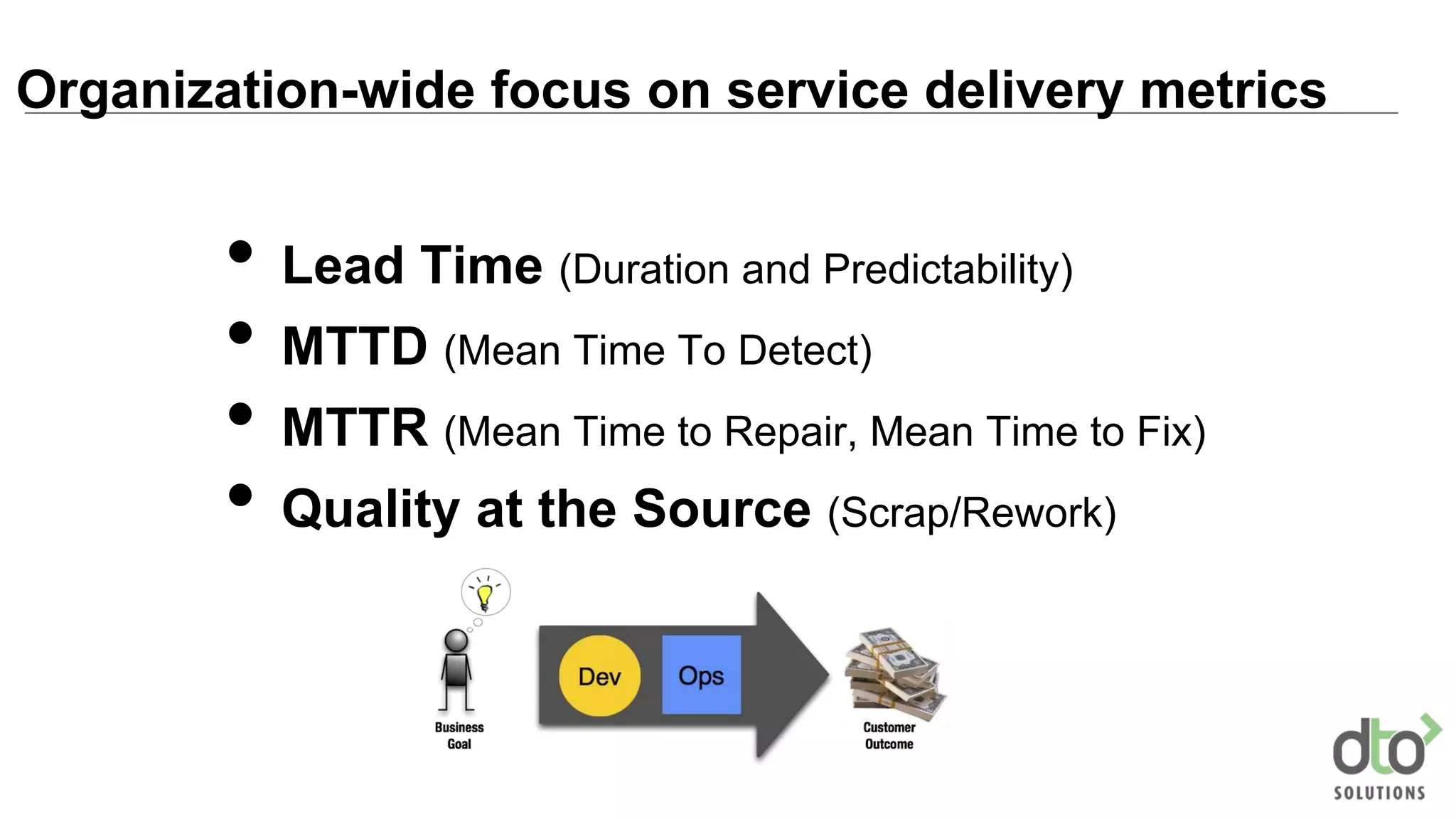 Organization-wide focus on service delivery metrics
• Lead Time (Duration and Predictability)
• MTTD (Mean Time To Detect)
• MTTR (Mean Time to Repair, Mean Time to Fix)
• Quality at the Source (Scrap/Rework)
 