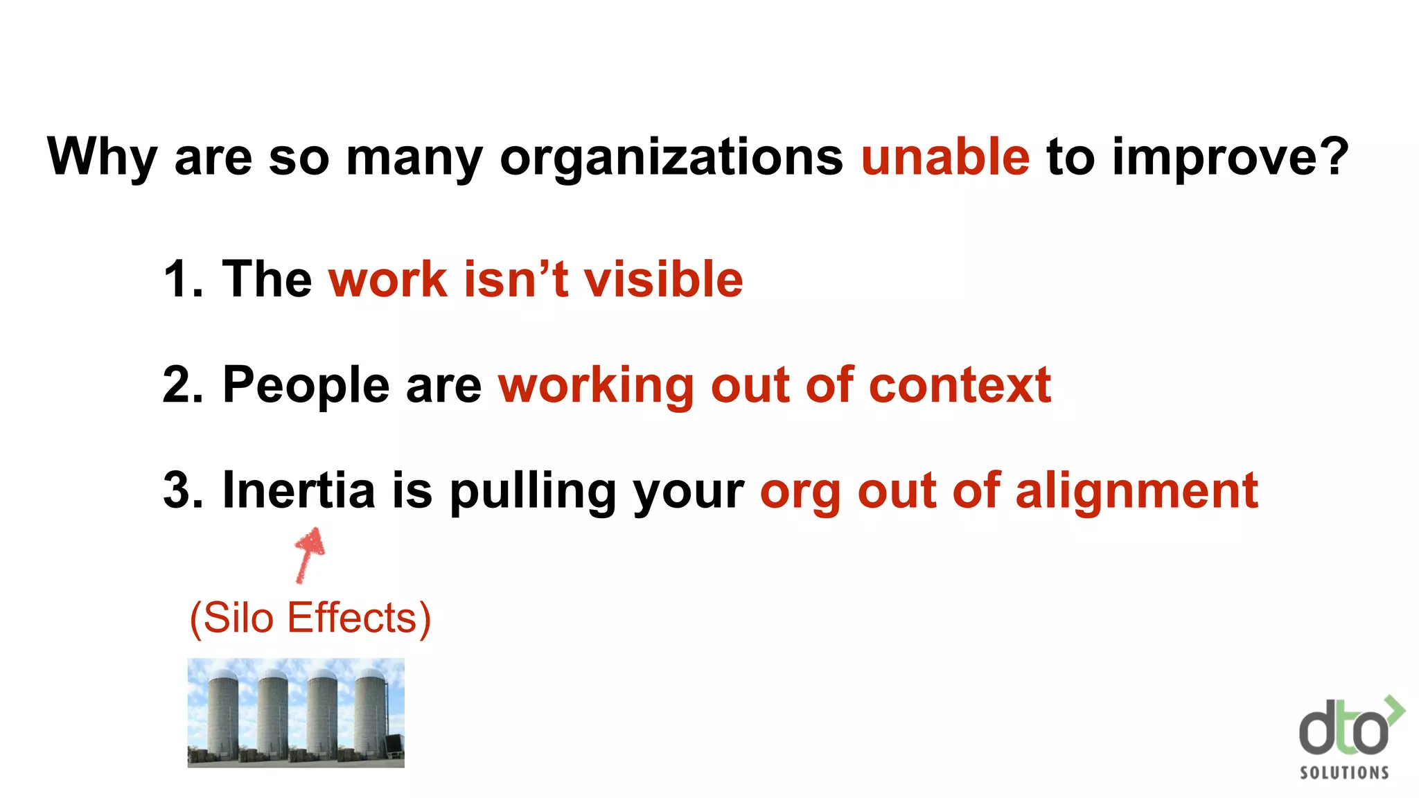 1. The work isn’t visible
2. People are working out of context
3. Inertia is pulling your org out of alignment
Why are so many organizations unable to improve?
(Silo Effects)
 