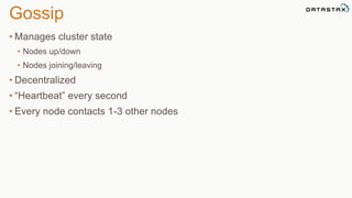 Gossip 
• Manages cluster state 
• Nodes up/down 
• Nodes joining/leaving 
• Decentralized 
• “Heartbeat” every second 
• Every node contacts 1-3 other nodes 
 