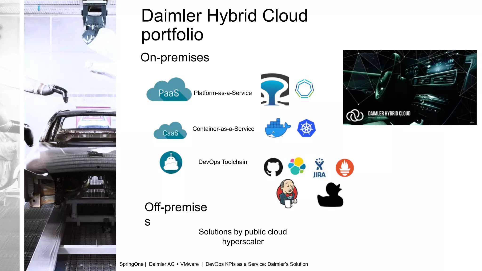 Daimler Hybrid Cloud
portfolio
Platform-as-a-Service
Container-as-a-Service
DevOps Toolchain
On-premises
Off-premise
s
Solutions by public cloud
hyperscaler
SpringOne | Daimler AG + VMware | DevOps KPIs as a Service: Daimler’s Solution
 