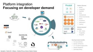 Intranet and internet
resources
Object
storage
Mail
server
eco
system
Platform Services:
▪ MySQL
▪ PostgreSQL
▪ RabbitMQ
▪ Redis
▪ AutoAppScaler
▪ Spring Cloud Services
▪ Kibana
▪ Prometheus
▪ Elasticsearch
▪ CredHub
DHC
RX
External backend
services
▪ DB2, Oracle,
PostgreSQL
▪ MongoDB
Developer teams benefits
▪ First day readiness
▪ DevOps, self-service
▪ CI / CD pipeline deployments
▪ Sample integrations
▪ Automated testing
Platform integration
Focusing on developer demand
SpringOne | Daimler AG + VMware | DevOps KPIs as a Service: Daimler’s Solution
 