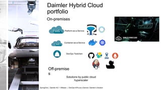 Daimler Hybrid Cloud
portfolio
Platform-as-a-Service
Container-as-a-Service
DevOps Toolchain
On-premises
Off-premise
s
Solutions by public cloud
hyperscaler
SpringOne | Daimler AG + VMware | DevOps KPIs as a Service: Daimler’s Solution
 