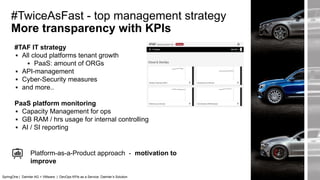 #TwiceAsFast - top management strategy
More transparency with KPIs
#TAF IT strategy
▪ All cloud platforms tenant growth
▪ PaaS: amount of ORGs
▪ API-management
▪ Cyber-Security measures
▪ and more..
PaaS platform monitoring
▪ Capacity Management for ops
▪ GB RAM / hrs usage for internal controlling
▪ AI / SI reporting
Platform-as-a-Product approach - motivation to
improve
SpringOne | Daimler AG + VMware | DevOps KPIs as a Service: Daimler’s Solution
 