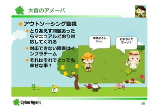 大昔のアメーバ

アウトソーシング監視
 とりあえず問題あった
 らマニュアルどおり対   監視よろし   おまちくだ
 応してくれる        くー。    さーい♪

 対応できない障害はイ
 ンフラチーム
 それはそれでとっても
 幸せな事？




                              10
 