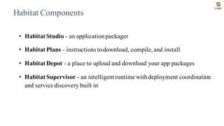 Habitat Components
• Habitat Studio - an applicationpackager
• Habitat Plans - instructions todownload, compile,and install
• Habitat Depot - a place to upload and download your app packages
• Habitat Supervisor - an intelligent runtime withdeployment coordination
and service discovery built in
 