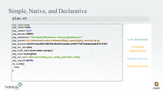 Simple, Native, and Declarative
pkg_origin=core
pkg_name=redis
pkg_version=3.2.1
pkg_license=('BSD')
pkg_maintainer="TheHabitat Maintainers <humans@habitat.sh>"
pkg_source=http://download.redis.io/releases/${pkg_name}-${pkg_version}.tar.gz
pkg_shasum=b2a791c4ea3bb7268795c45c6321ea5abcc24457178373e6a6e3be6372737f23
pkg_bin_dirs=(bin)
pkg_build_deps=(core/make core/gcc)
pkg_deps=(core/glibc)
pkg_svc_run="redis-server $pkg_svc_config_path/redis.config"
pkg_expose=(6379)
do_build() {
make
}
plan.sh
Low abstraction
Complete
dependencies
Declare services
Simple functions
 