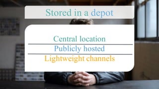 Central location
Publicly hosted
Lightweight channels
Stored in a depot
 