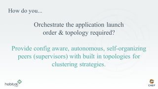How do you...
Orchestrate the application launch
order & topology required?
Provide config aware, autonomous, self-organizing
peers (supervisors) with built in topologies for
clustering strategies.
 