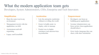 What the modern application team gets
Developers, System Administrators, CIOs; Enterprise and Tech Innovators
▪ Runs the same way in any
environment
▪ Management travels with the
application; no drift
▪ Autonomous and self-
organizing
▪ Legacy and Greenfield
▪ Lets the enterprise modernize
without re-writing the world
▪ Faster to build, easier to
deploy, safer to manage
▪ Easiest way to deploy
containers and microservices
in production
▪ Developers can focus on
building great applications
▪ Systems Administrators can
focus on how thoseapplications
should behave
▪ Gives both a language they can
share, with clear boundaries
Simplification Acceleration Empowerment
Confidential & subject to NDA. Patents Pending.
 