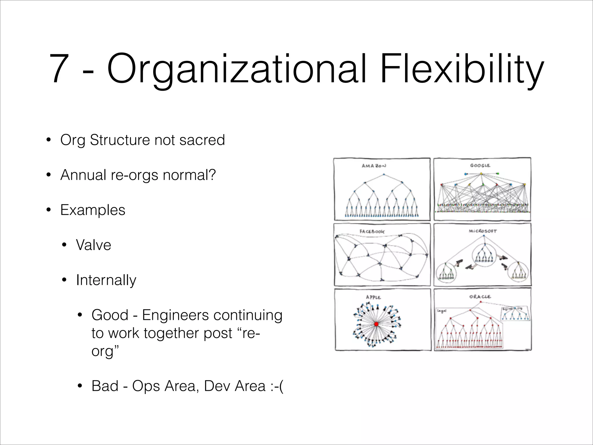 7 - Organizational Flexibility
•

Org Structure not sacred

•

Annual re-orgs normal?

•

Examples
•

Valve

•

Internally
•

Good - Engineers continuing
to work together post “reorg”

•

Bad - Ops Area, Dev Area :-(

 