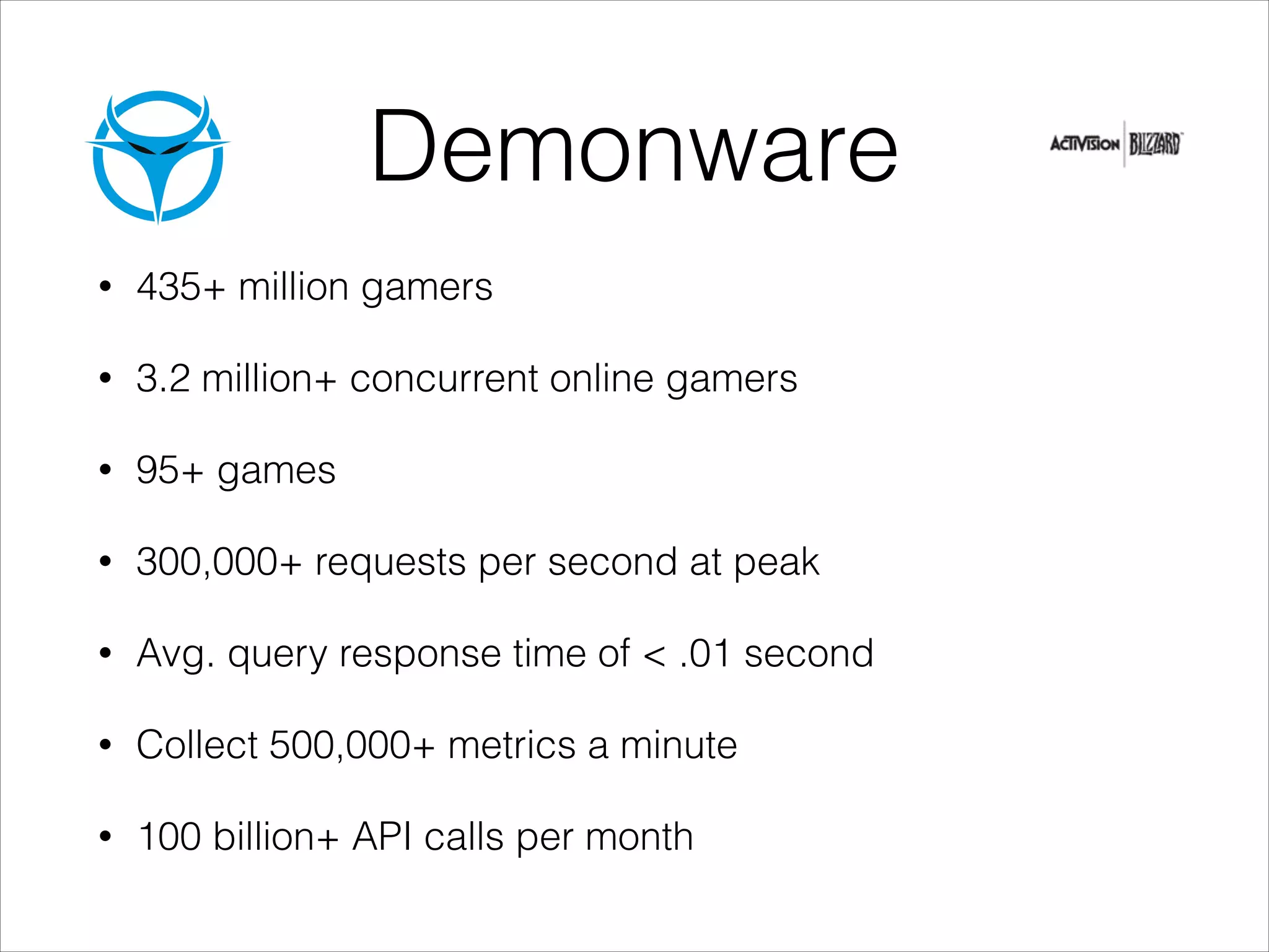 Demonware
•

435+ million gamers

•

3.2 million+ concurrent online gamers

•

95+ games

•

300,000+ requests per second at peak

•

Avg. query response time of < .01 second

•

Collect 500,000+ metrics a minute

•

100 billion+ API calls per month

 