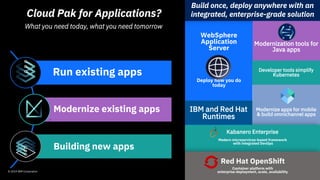 Cloud Pak for Applications?
WebSphere
Application
Server
Deploy how you do
today
Modernize apps for mobile
& build omnichannel apps
Build once, deploy anywhere with an
integrated, enterprise-grade solution
.
What you need today, what you need tomorrow
Run existing apps
Modernize existing apps
Building new apps
Kabanero Enterprise
Modern microservices-based framework
with integrated DevOps
3 customer needs with 1 offering
Modernization tools for
Java apps
Developer tools simplify
Kubernetes
Container platform with
enterprise deployment, scale, availability
Red Hat OpenShift
IBM and Red Hat
Runtimes
© 2019 IBM Corporation
 