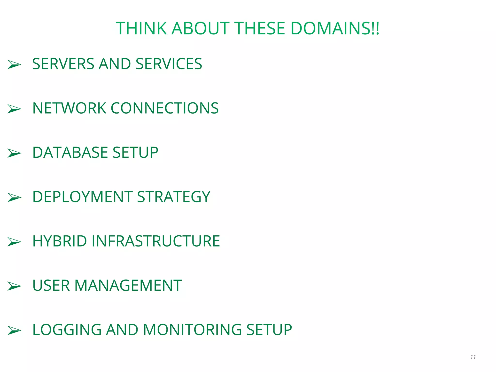 THINK ABOUT THESE DOMAINS!!
➢ SERVERS AND SERVICES
➢ NETWORK CONNECTIONS
➢ DATABASE SETUP
➢ DEPLOYMENT STRATEGY
➢ HYBRID INFRASTRUCTURE
➢ USER MANAGEMENT
➢ LOGGING AND MONITORING SETUP
11
 