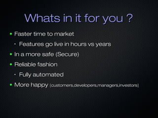Whats in it for you ?
●

Faster time to market
•

Features go live in hours vs years

●

In a more safe (Secure)

●

Reliable fashion
•

●

Fully automated

More happy {customers,developers,managers,investors}

 