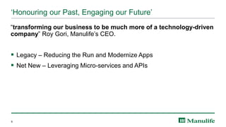 ‘Honouring our Past, Engaging our Future’
“transforming our business to be much more of a technology-driven
company” Roy Gori, Manulife’s CEO.
▪ Legacy – Reducing the Run and Modernize Apps
▪ Net New – Leveraging Micro-services and APIs
6
 