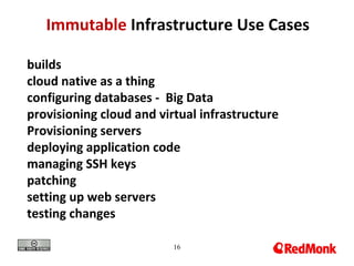 16
Immutable Infrastructure Use Cases
builds
cloud native as a thing
configuring databases - Big Data
provisioning cloud and virtual infrastructure
Provisioning servers
deploying application code
managing SSH keys
patching
setting up web servers
testing changes
 