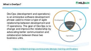 What is DevOps?
DevOps (development and operations)
is an enterprise software development
phrase used to mean a type of agile
relationship between development and
IT operations. The goal of DevOps is to
change and improve the relationship by
advocating better communication and
collaboration between these two
business units.
https://mildaintrainings.com/courses/devops-training-certification/
 