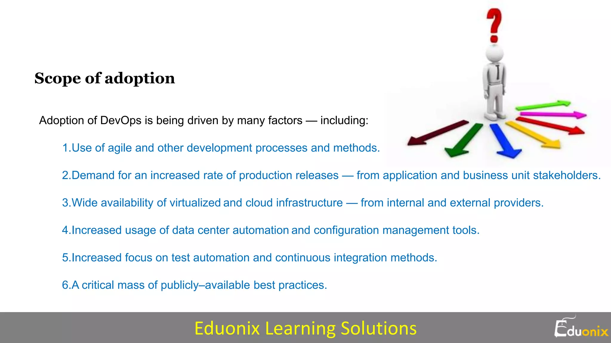 Scope of adoption
Adoption of DevOps is being driven by many factors — including:
1.Use of agile and other development processes and methods.
2.Demand for an increased rate of production releases — from application and business unit stakeholders.
3.Wide availability of virtualized and cloud infrastructure — from internal and external providers.
4.Increased usage of data center automation and configuration management tools.
5.Increased focus on test automation and continuous integration methods.
6.A critical mass of publicly–available best practices.
Eduonix Learning Solutions
 
