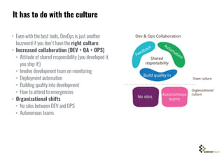 It has to do with the culture
• Even with the best tools, DevOps is just another
buzzword if you don't have the right culture.
• Increased collaboration (DEV + QA + OPS)
• Attitude of shared responsibility (you developed it,
you ship it!)
• Involve development team on monitoring
• Deployment automation
• Building quality into development
• How to attend to emergencies
• Organizational shifts
• No silos between DEV and OPS
• Autonomous teams
 