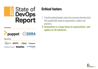 1. Transformational leaders share five common characteristics
that significantly shape an organization's culture and
practices
2. Automation is a huge boom to organizations, and
applies to all industries
Critical factors
 
