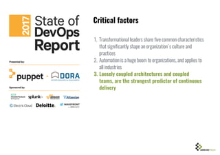 1. Transformational leaders share five common characteristics
that significantly shape an organization's culture and
practices
2. Automation is a huge boom to organizations, and applies to
all industries
3. Loosely coupled architectures and coupled
teams, are the strongest predictor of continuous
delivery
Critical factors
 