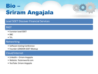 Lead SDET Discover Financial Services
PAST
• Eurostar Lead SDET
• BBC
• TFL
Networking
• Software testing Conference
• Founder LONDON SDET Meetup
Cloud/Internet
• LinkedIn – Sriram Angajala
• Website: Testersworld.com
• YouTube: Sriram Angajala