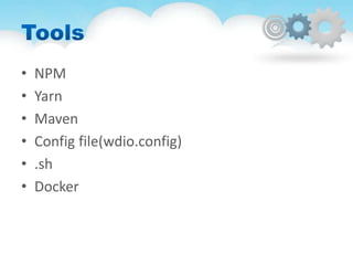• NPM
• Yarn
• Maven
• Config file(wdio.config)
• .sh
• Docker