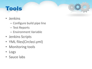 • Jenkins
– Configure build pipe line
– Test Reports
– Environment Variable
• Jenkins Scripts
• YML files(Circleci.yml)
• Monitoring tools
• Logs
• Sauce labs