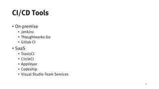 8
CI/CD Tools
• On-premise
• Jenkins
• Thoughtworks Go
• Gitlab CI
• SaaS
• TravisCI
• CircleCI
• AppVeyor
• Codeship
• Visual Studio Team Services
 