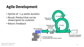 4
Agile Development
• Sprints of ~1-4 weeks duration
• Result: Product that can be
shown/given to customer
• Return: Feedback
Image	credits:	Marekventur,
Wikimedia, CC-BY-SA-3.0
 