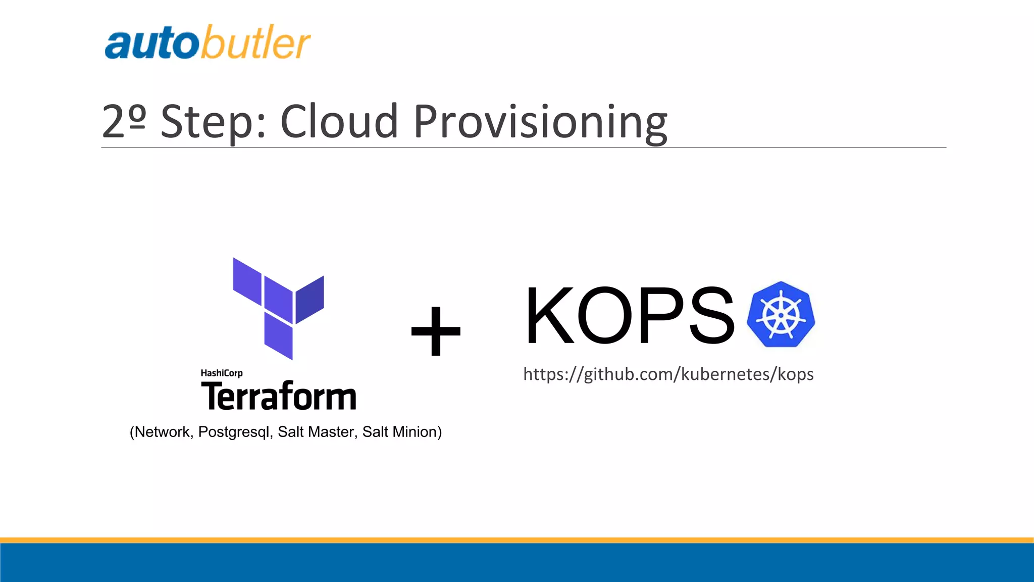 2º Step: Cloud Provisioning
+ KOPShttps://github.com/kubernetes/kops
(Network, Postgresql, Salt Master, Salt Minion)
 