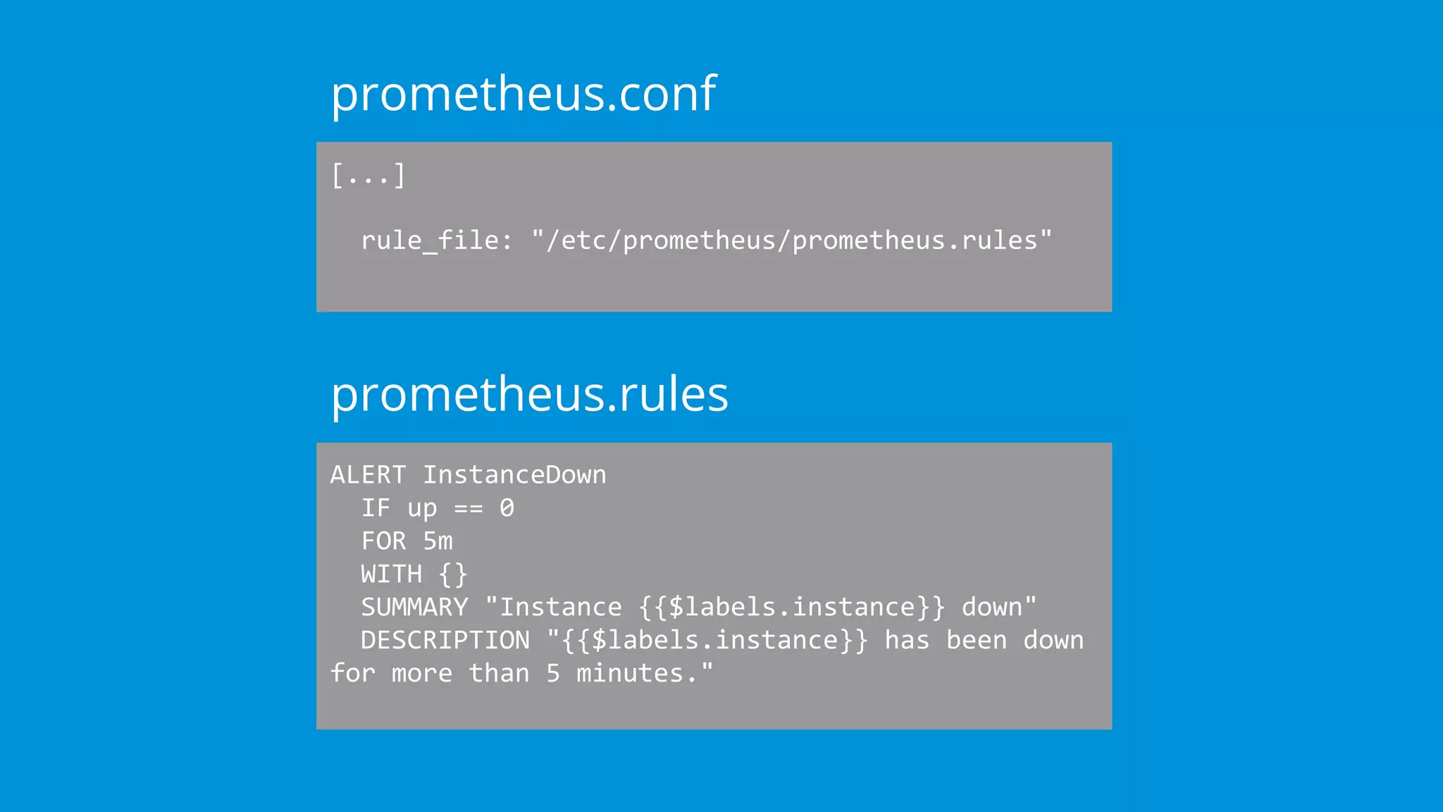[...]
rule_file: "/etc/prometheus/prometheus.rules"
prometheus.conf
ALERT InstanceDown
IF up == 0
FOR 5m
WITH {}
SUMMARY "Instance {{$labels.instance}} down"
DESCRIPTION "{{$labels.instance}} has been down
for more than 5 minutes."
prometheus.rules
 
