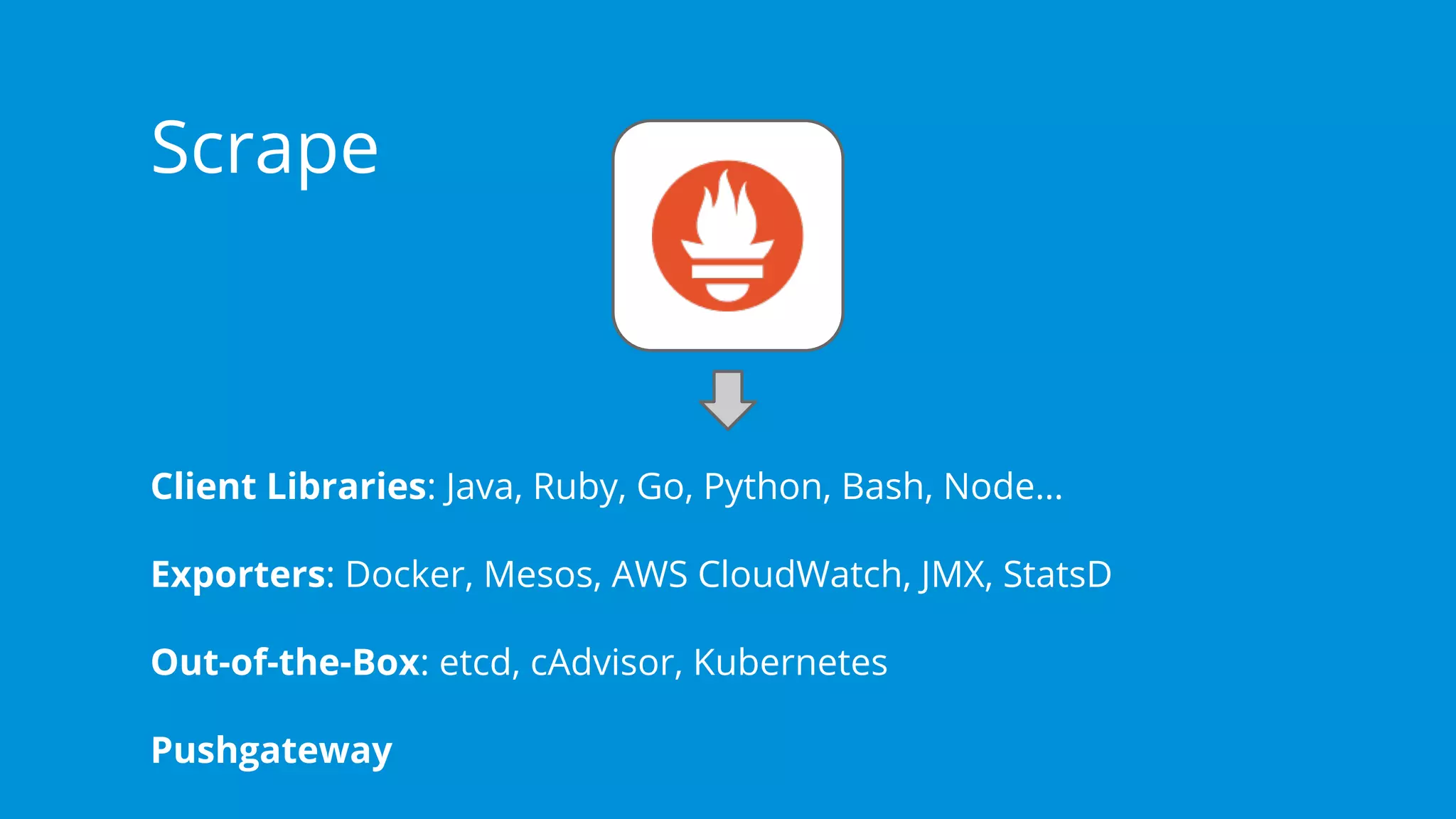 Client Libraries: Java, Ruby, Go, Python, Bash, Node…
Exporters: Docker, Mesos, AWS CloudWatch, JMX, StatsD
Out-of-the-Box: etcd, cAdvisor, Kubernetes
Pushgateway
Scrape
 