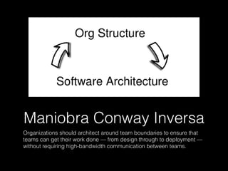 Maniobra Conway Inversa
Organizations should architect around team boundaries to ensure that
teams can get their work done — from design through to deployment —
without requiring high-bandwidth communication between teams.
 