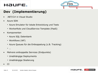 20.10.2015Seite 15
FDS
Karsten Gaebert, Helmut Strasser
Dev (Implementierung)
• .NET/C# in Visual Studio
• Azure SDK
• Azure Emulator für lokale Entwicklung und Tests
• WorkerRole und CloudService Template (PaaS)
• Komponenten
• Azure SQL Datenbank
• Workflows (WF)
• Azure Queues für die Entkoppelung (z.B. Tracking)
• …
• Mehrere entkoppelte Services (Endpunkte)
• Unabhängige Deployments
• Unabhängige Skalierung
• CI
 