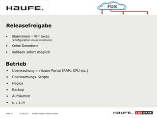 20.10.2015Seite 18
FDS
Karsten Gaebert, Helmut Strasser
Releasefreigabe
• Blue/Green - VIP Swap
(Konfiguration muss stimmen)
• Keine Downtime
• Rollback sofort möglich
Betrieb
• Überwachung im Azure Portal (RAM, CPU etc.)
• Überwachungs-Scripte
• Nagios
• Backup
• Aufräumen
• u.v.a.m
 
