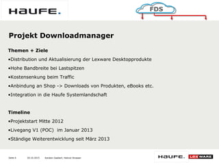 20.10.2015Seite 6
FDS
Karsten Gaebert, Helmut Strasser
Projekt Downloadmanager
Themen + Ziele
•Distribution und Aktualisierung der Lexware Desktopprodukte
•Hohe Bandbreite bei Lastspitzen
•Kostensenkung beim Traffic
•Anbindung an Shop -> Downloads von Produkten, eBooks etc.
•Integration in die Haufe Systemlandschaft
Timeline
•Projektstart Mitte 2012
•Livegang V1 (POC) im Januar 2013
•Ständige Weiterentwicklung seit März 2013
 