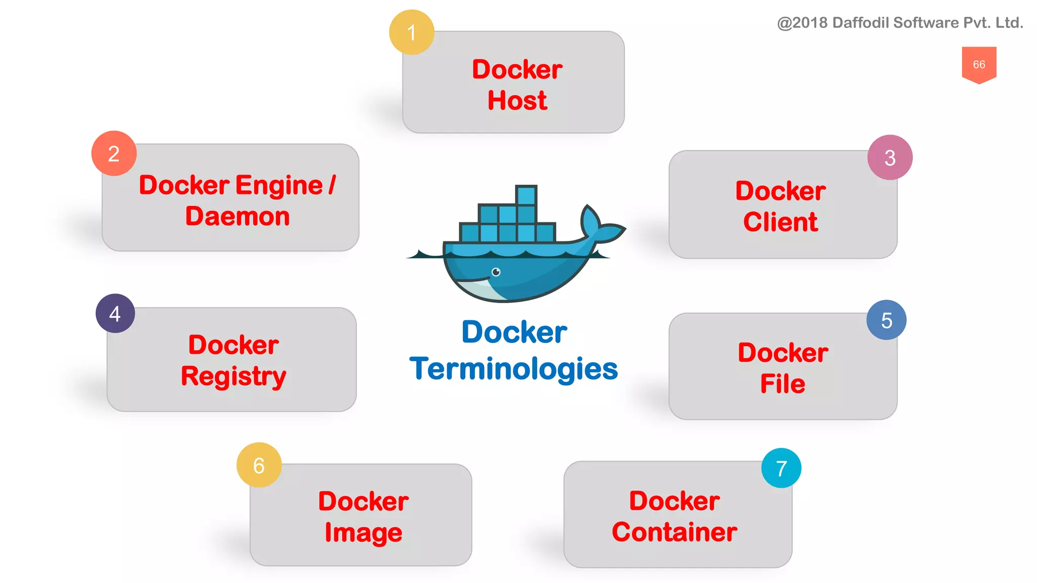 66
1
Docker
Host
2
Docker Engine /
Daemon
3
Docker
Client
4
Docker
Registry
5
Docker
File
6
Docker
Image
Docker
Terminologies
7
Docker
Container
@2018 Daffodil Software Pvt. Ltd.
 