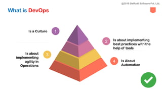 What is DevOps 7
Is a Culture 1
Is about implementing
best practices with the
help of tools
2
Is about
implementing
agility in
Operations
3
Is About
Automation
4
@2018 Daffodil Software Pvt. Ltd.
 