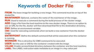 74
Keywords of Docker File
FROM:The base image for building a new image. This command must be on top of the
dockerfile.
MAINTAINER: Optional, contains the name of the maintainer of the image..
RUN: Used to execute a command during the build process of the docker image.
ADD: Copy a file from the host machine to the new docker image. There is an option to
use an URL for the file, docker will then download that file to the destination directory.
ENV: Define an environment variable.
CMD: Used for executing commands when we build a new container from the docker
image.
ENTRYPOINT: Define the default command that will be executed when the container
is running.
WORKDIR: This is directive for CMD command to be executed.
USER: Set the user or UID for the container created with the image.
VOLUME: Enable access/linked directory between the container and the host machine.
LABEL: The LABEL instruction adds metadata to an image in a key-value pair
@2018 Daffodil Software Pvt. Ltd.
 