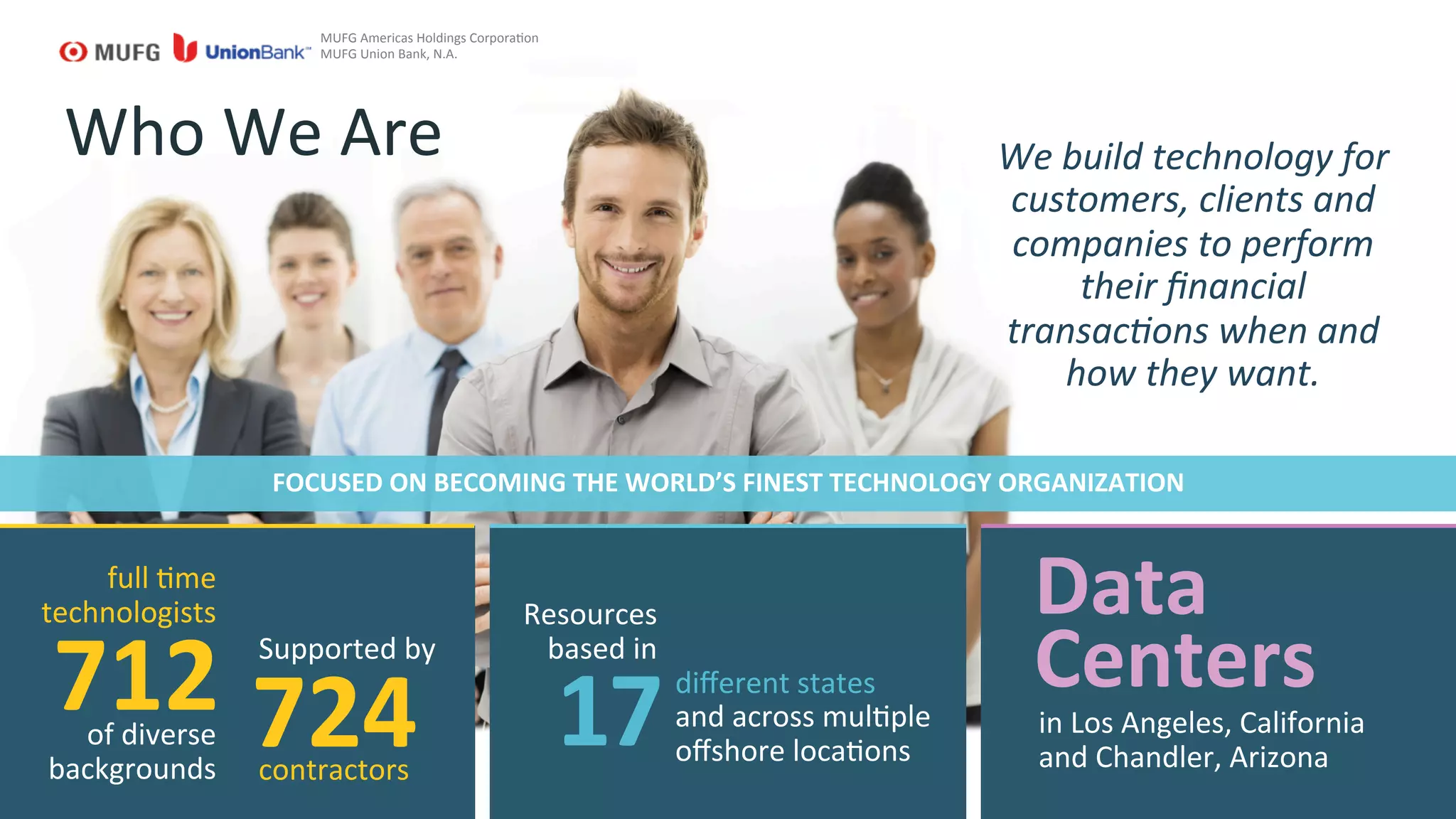 3	
  
Who	
  We	
  Are	
  
FOCUSED	
  ON	
  BECOMING	
  THE	
  WORLD’S	
  FINEST	
  TECHNOLOGY	
  ORGANIZATION	
  
MUFG	
  Americas	
  Holdings	
  CorporaGon	
  
MUFG	
  Union	
  Bank,	
  N.A.	
  
We	
  build	
  technology	
  for	
  
customers,	
  clients	
  and	
  
companies	
  to	
  perform	
  
their	
  ﬁnancial	
  
transac8ons	
  when	
  and	
  
how	
  they	
  want.	
  	
  	
  
724	
  
Supported	
  by	
  
contractors	
  
712	
  	
  
full	
  Gme	
  
technologists	
  
of	
  diverse	
  
backgrounds	
  	
  
17	
  and	
  across	
  mulGple	
  
oﬀshore	
  locaGons	
  
Resources	
  
based	
  in	
  	
  
diﬀerent	
  states	
  	
  
in	
  Los	
  Angeles,	
  California	
  	
  
and	
  Chandler,	
  Arizona	
  
Data	
  
Centers	
  	
  
 