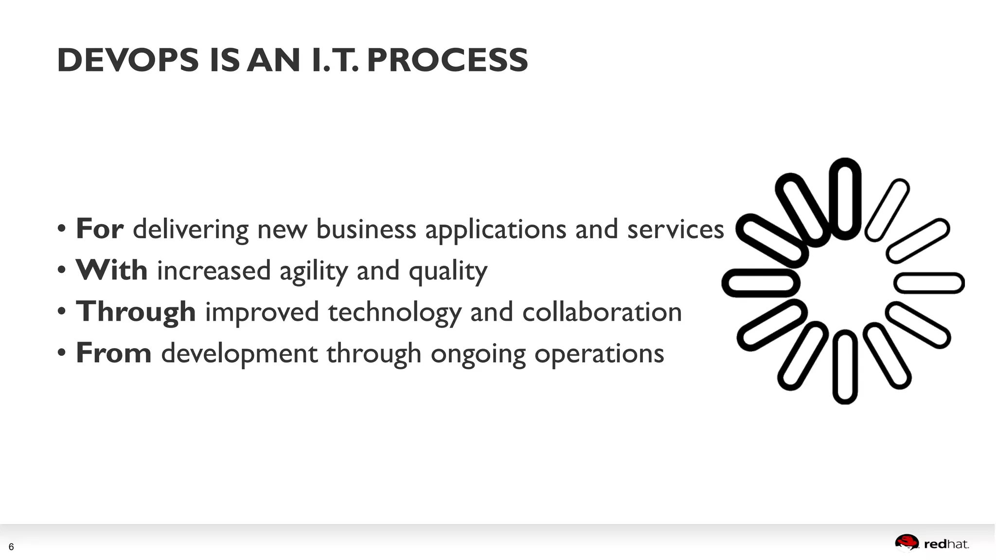 DEVOPS IS AN I.T. PROCESS 
Session title 
6 
• For delivering new business applications and services 
• With increased agility and quality 
• Through improved technology and collaboration 
• From development through ongoing operations 
 