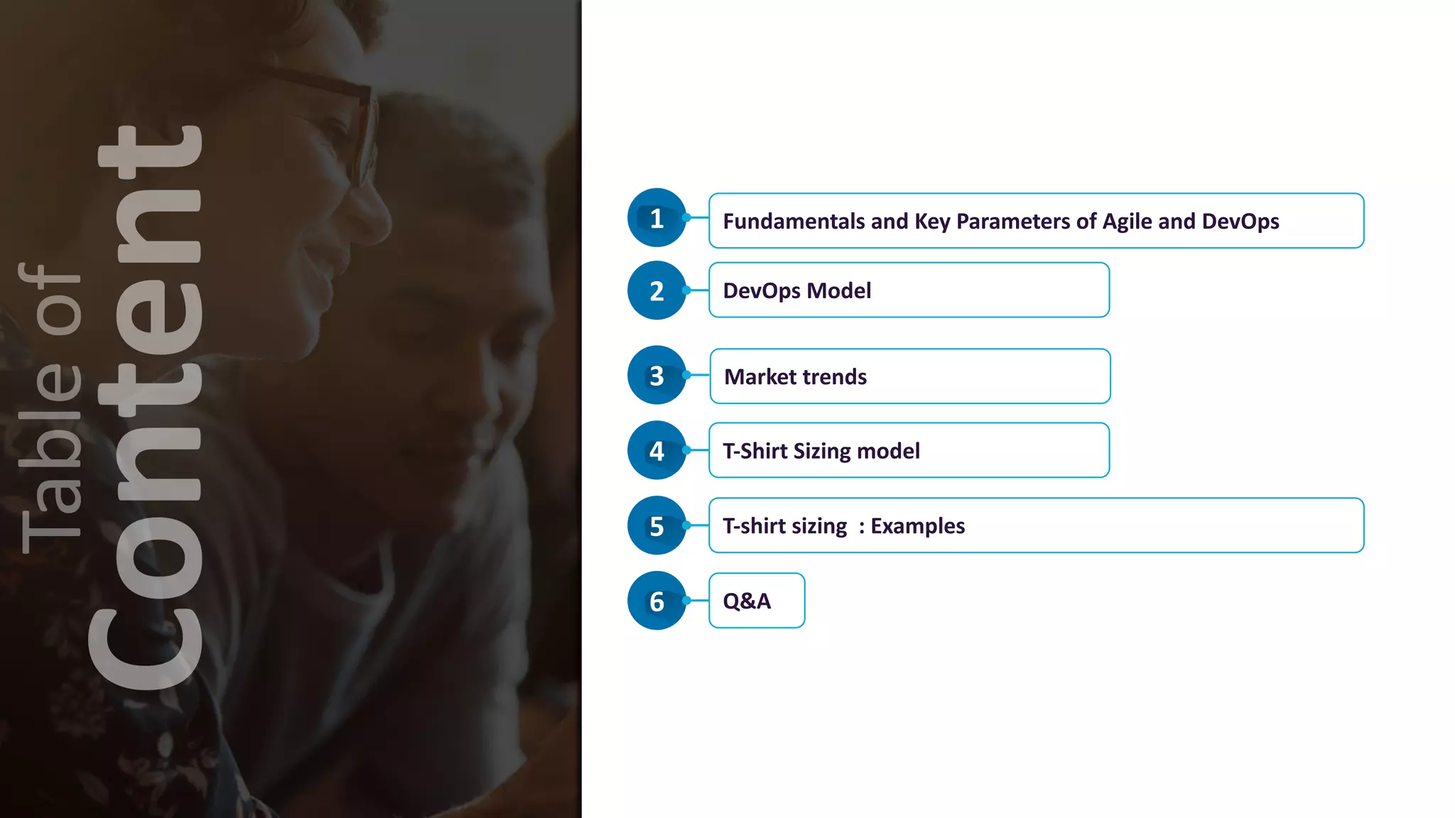 1
Market trends
2
Fundamentals and Key Parameters of Agile and DevOps
3
DevOps Model
4 T-Shirt Sizing model
5 T-shirt sizing : Examples
6 Q&A
 