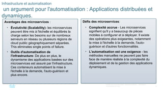 20
© 2020 Cisco et/ou ses filiales. Tous droits réservés. Informations
confidentielles de Cisco
Avantages des microservices :
• Évolutivité (Scalability)- les microservices
peuvent être mis à l'échelle et équilibrés la
charge selon les besoins sur de nombreux
serveurs en réseau ou plusieurs régions de
cloud public géographiquement séparées.
This eliminates single points of failure.
• Outils d'automatisation de
l'infrastructure- De plus en plus, le
dynamisme des applications basées sur des
microservices est assuré par l'infrastructure.
Ces conteneurs automatisent la mise à
l'échelle à la demande, l'auto-guérison et
plus encore.
Défis des microservices:
• Complexité accrue - Les microservices
signifient qu'il y a beaucoup de pièces
mobiles à configurer et à déployer. Il existe
des opérations plus exigeantes, notamment
la mise à l'échelle à la demande, l'auto-
guérison et d'autres fonctionnalités.
• L'automatisation est une exigence - les
méthodes manuelles ne peuvent pas faire
face de manière réaliste à la complexité du
déploiement et de la gestion des applications
dynamiques.
Infrastructure et automatisation
un argument pour l'automatisation : Applications distribuées et
dynamiques.
 