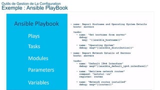 54
© 2020 Cisco et/ou ses filiales. Tous droits réservés. Informations
confidentielles de Cisco
Outils de Gestion de La Configuration
Exemple : Ansible PlayBook
 