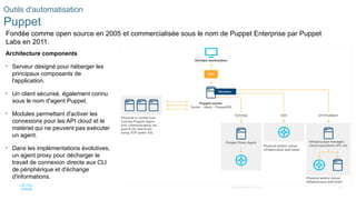 62
© 2020 Cisco et/ou ses filiales. Tous droits réservés. Informations
confidentielles de Cisco
Outils d'automatisation
Puppet
Fondée comme open source en 2005 et commercialisée sous le nom de Puppet Enterprise par Puppet
Labs en 2011.
Architecture components
• Serveur désigné pour héberger les
principaux composants de
l'application.
• Un client sécurisé, également connu
sous le nom d'agent Puppet.
• Modules permettant d'activer les
connexions pour les API cloud et le
matériel qui ne peuvent pas exécuter
un agent.
• Dans les implémentations évolutives,
un agent proxy pour décharger le
travail de connexion directe aux CLI
de périphérique et d'échange
d'informations.
 