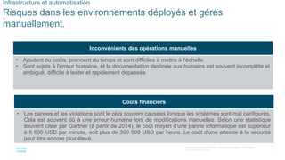 8
© 2020 Cisco et/ou ses filiales. Tous droits réservés. Informations
confidentielles de Cisco
Infrastructure et automatisation
Risques dans les environnements déployés et gérés
manuellement.
Inconvénients des opérations manuelles
• Ajoutent du coûts, prennent du temps et sont difficiles à mettre à l'échelle.
• Sont sujets à l'erreur humaine, et la documentation destinée aux humains est souvent incomplète et
ambiguë, difficile à tester et rapidement dépassée.
Coûts financiers
• Les pannes et les violations sont le plus souvent causées lorsque les systèmes sont mal configurés.
Cela est souvent dû à une erreur humaine lors de modifications manuelles. Selon une statistique
souvent citée par Gartner (à partir de 2014), le coût moyen d'une panne informatique est supérieur
à 5 600 USD par minute, soit plus de 300 000 USD par heure. Le coût d'une atteinte à la sécurité
peut être encore plus élevé.
 